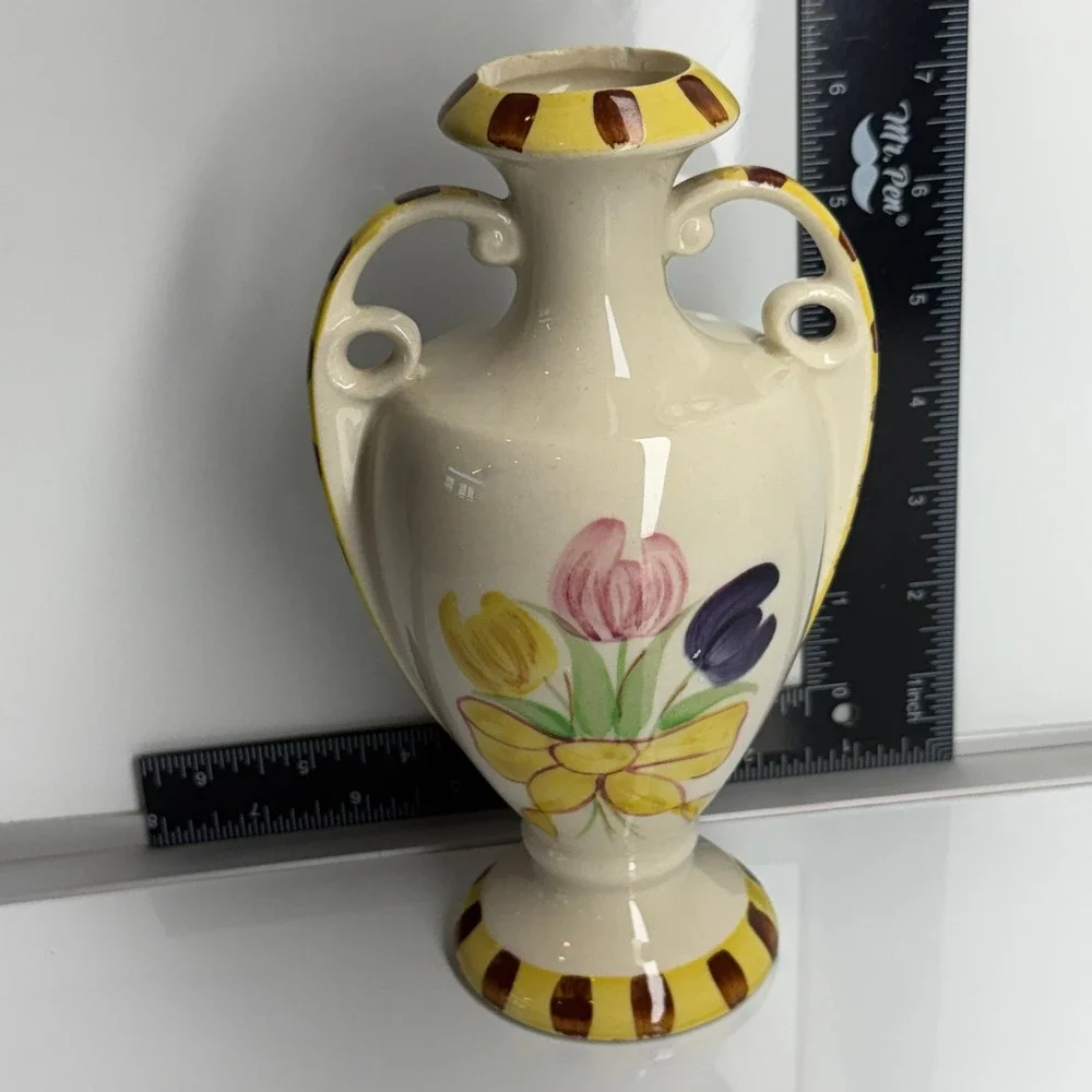 Vintage Ceramic Vase Decorative Tulips Yellow Ribbon‎ Handles